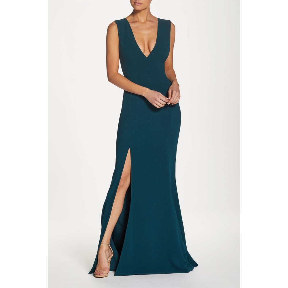 NEW Dress the Population Sandra Plunge Crepe Slit Gown Large